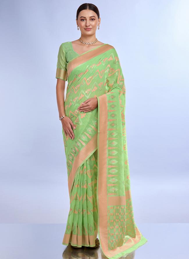 Linen Silk Parrot Green Casual Wear Jacquard Work Saree